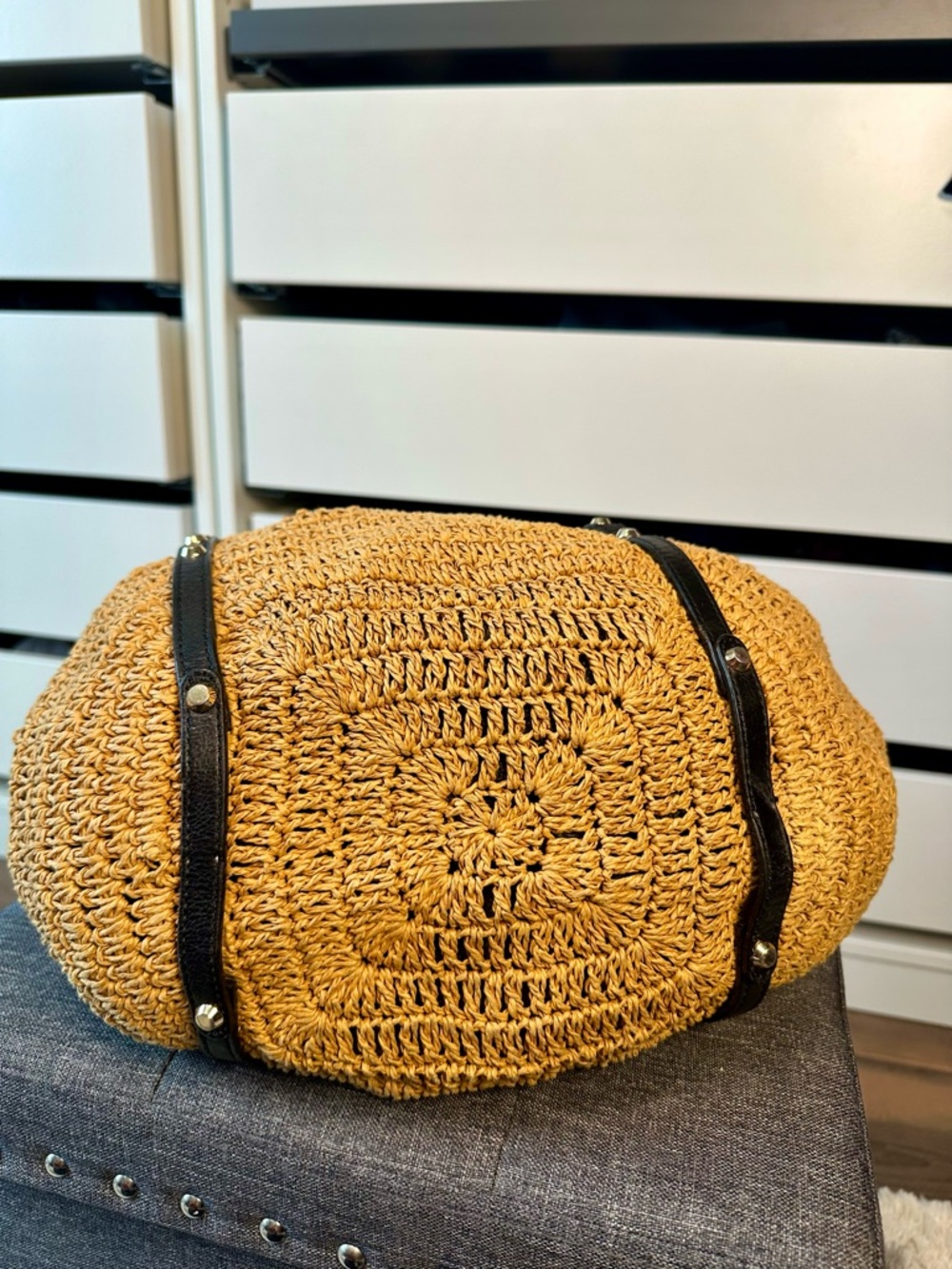 Michael Kors Mustard Yellow Woven Tote with Black Trim - Picture 5 of 14